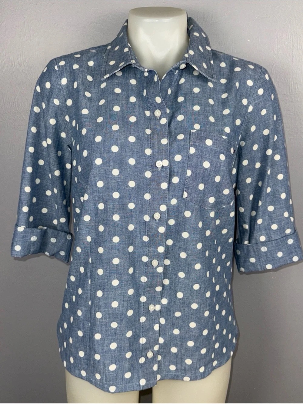 Tommy Hilfiger Shirt M Blue Polka Dot 3/4 Roll Tab Sleeve Button Down *READ - Picture 2 of 10
